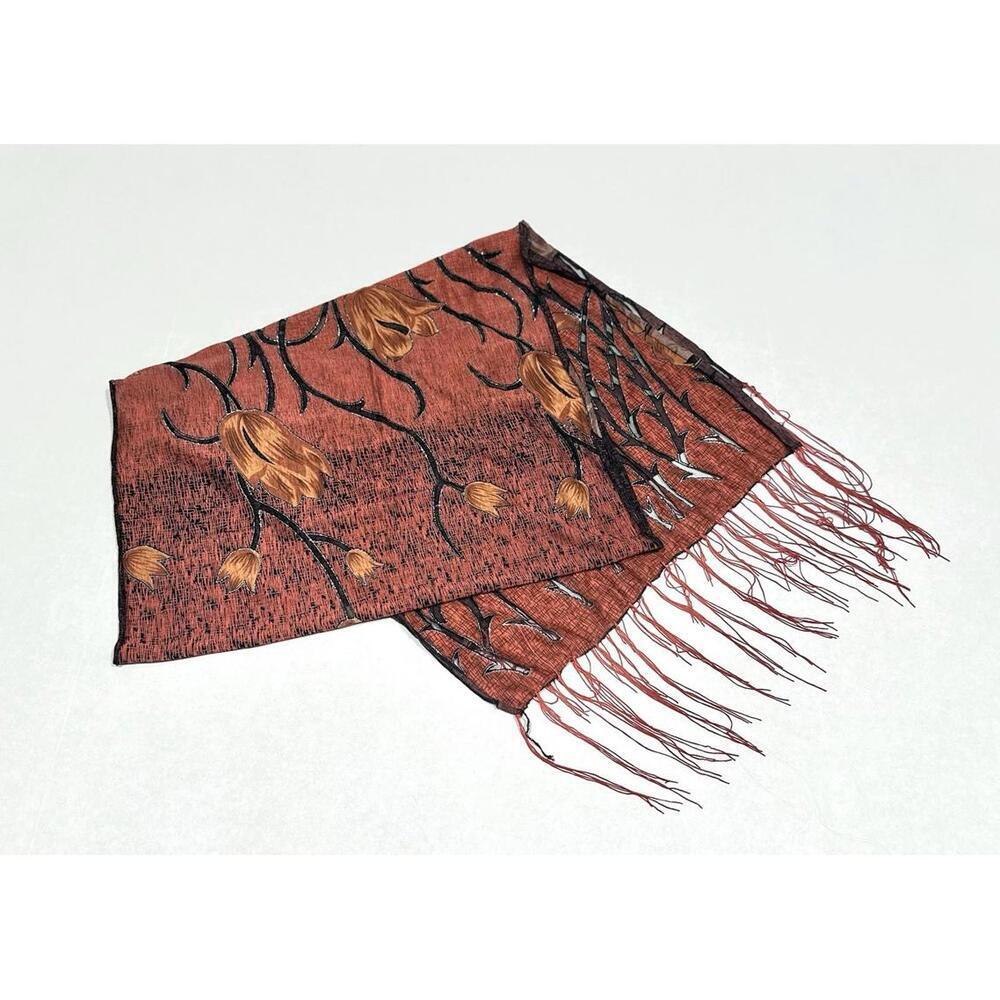Women’s Scarf Red and Orange Floral Pattern and Fringe Soft Lightweight Bohemian